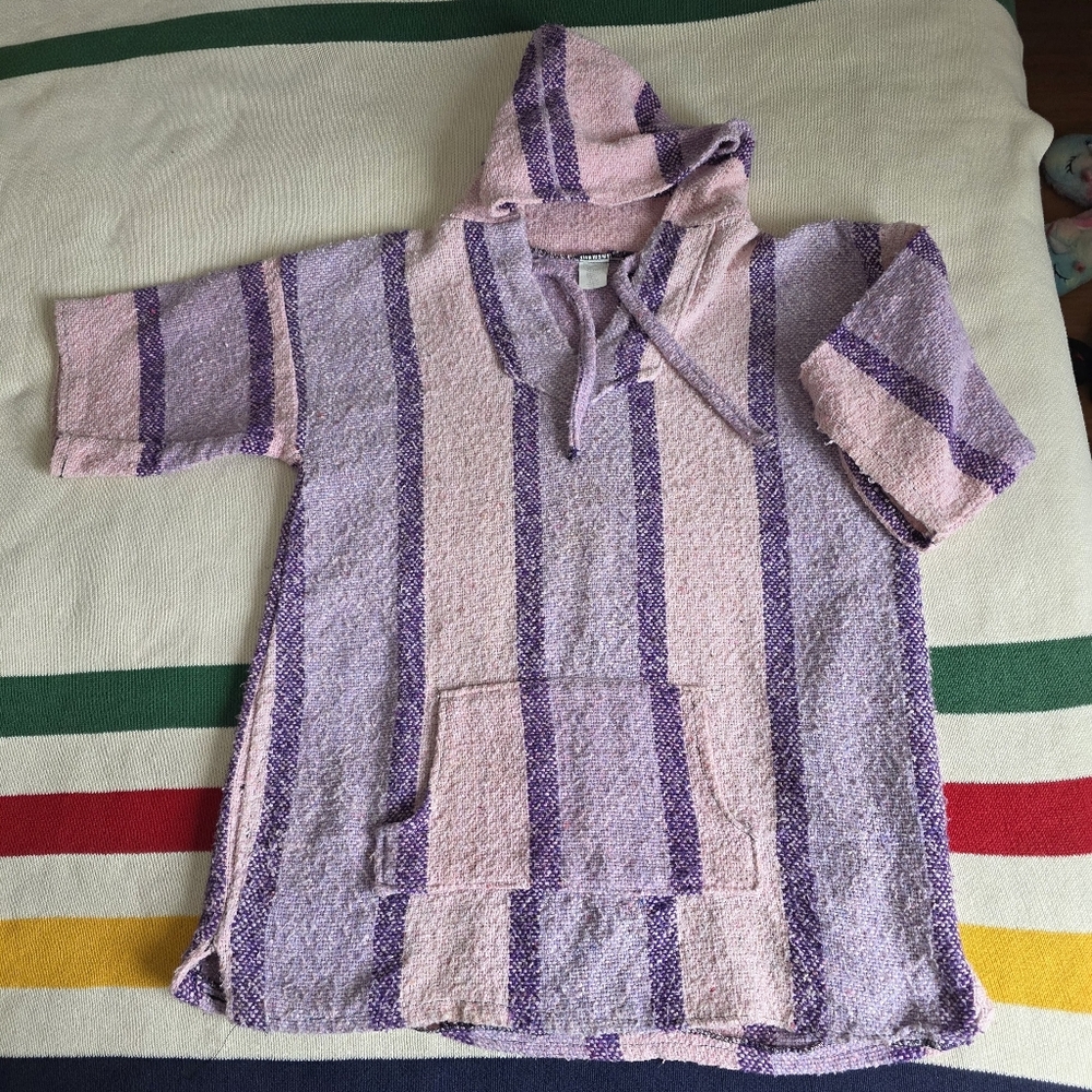 Bohemiam Pink Purple Mexican Woven Short Sleeve Baha Pullover Hoodie Sweater  XL
